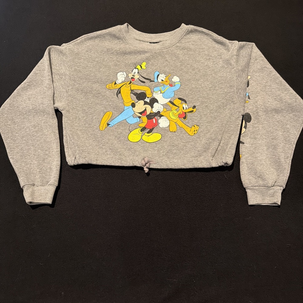 Disney Sweatshirt Gray Cropped Mickey Donald Goofy Pluto Women's Size XS